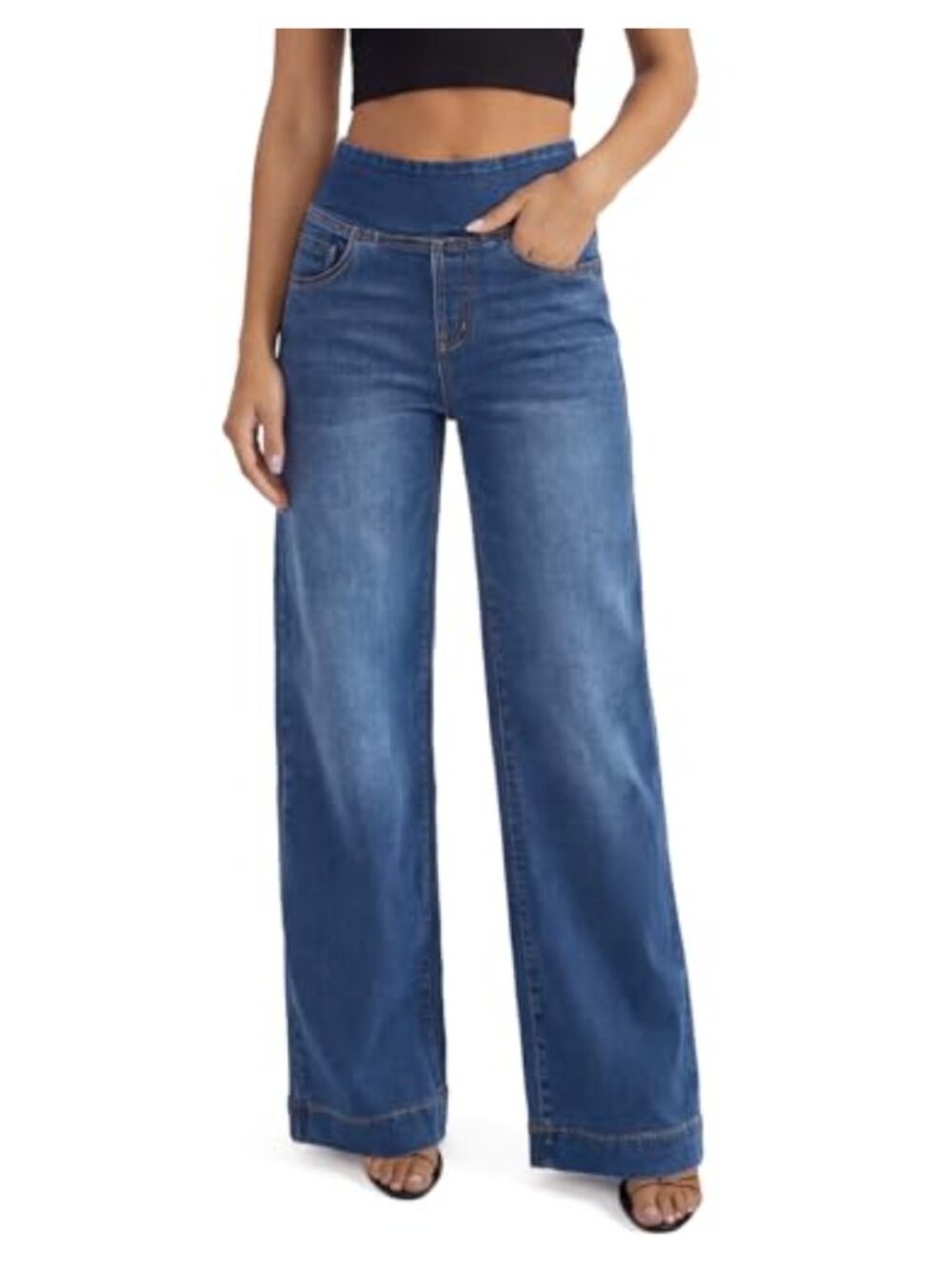 Pull On Wide Leg Jeans High Waisted Tummy Control Stretchy Denim Pants
